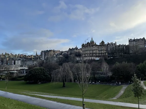 The Old Town skyline from Princes Street Gardens in Edinburgh, with the domed Bank of Scotland building on the Mound